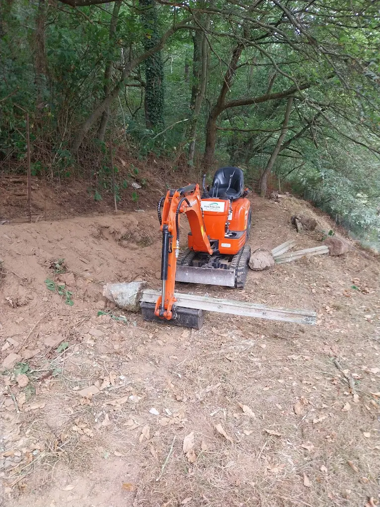 Mini excavadora recogiendo un poste en el monte